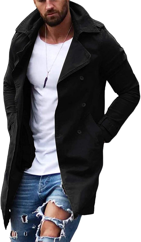 Gafeng Mens Double Breasted Trench Coat Notched Lapel Casual Slim Fit Cotton Long Windbreaker Overcoat