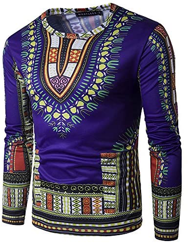 Men's Long Sleeve Causal Dashiki Blouse Slim Fit African Printed Tee Shirt