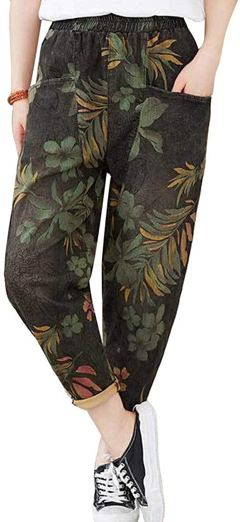 Women's Summer Oversized Retro Floral Printed Washed Literature Harlan Denim Jeans