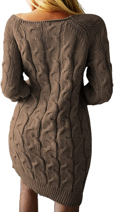 Dyexces Women's Slim Cable Knit Sweater Dress Casual Crew Neck Long Sleeve Warm Sweater Pullover Khaki