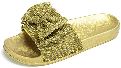 Comfort Flat Sandals for Women Cute Glitter Bow Casual Beach Slip On Dress Shoes Fashion Platform Footbed Slide Slippers Open Toe