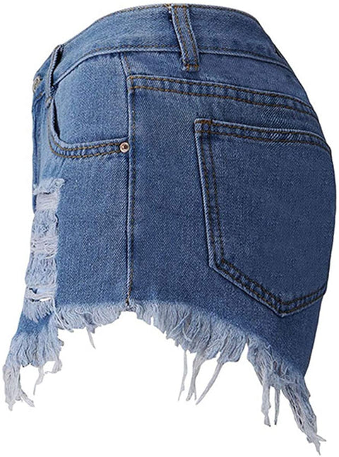 Women's High Waist Ripped Frayed Hem Casual Solid Denim Shorts