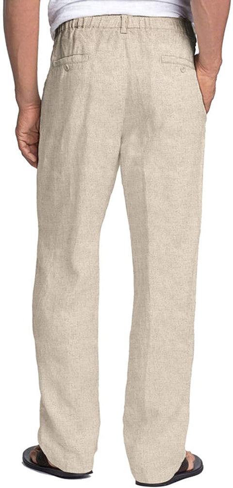 Men's Linen Pants Casual Elastic Waist Drawstring Beach Trousers