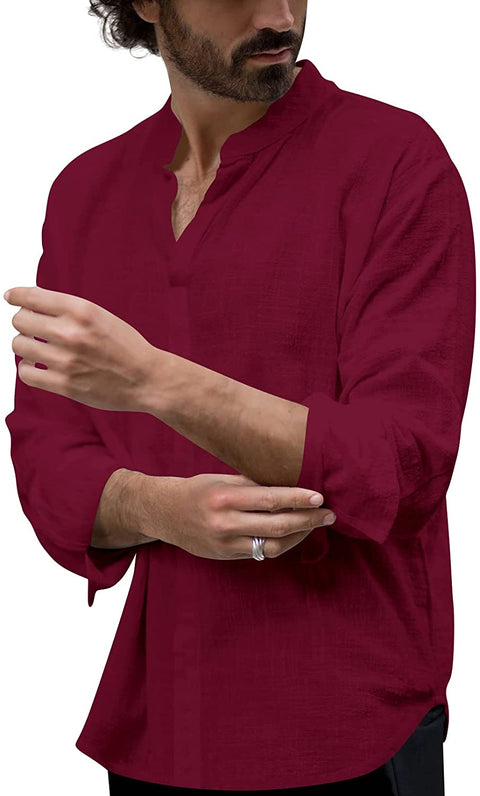 Mens Linen Cotton Casual Henley Shirts Long Sleeve Basic Lightweight Shirt Beach Fishing Yoga Tops