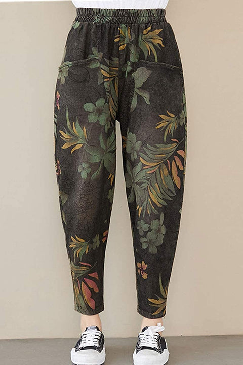Women's Summer Oversized Retro Floral Printed Washed Literature Harlan Denim Jeans