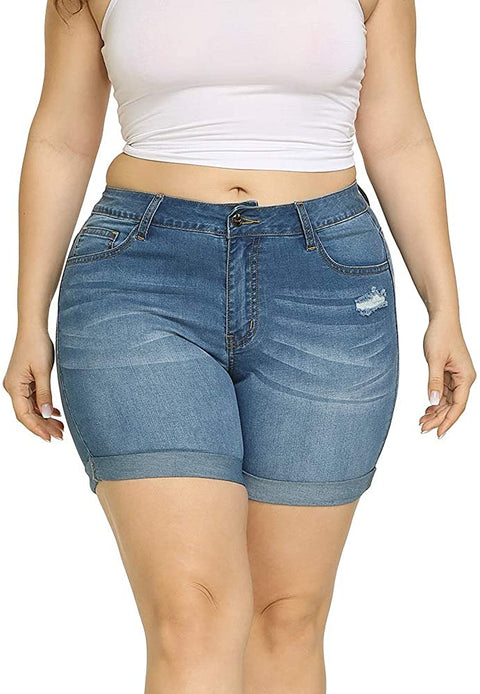 Plus Size Denim Shorts Women High Waisted Ripped Folded Hem Jean Shorts