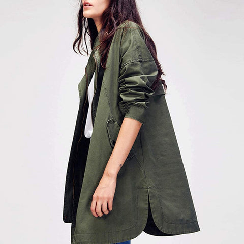 Women's Military Loose Trench Coats Casual Zip Up Long Sleeve Anorak Jacket