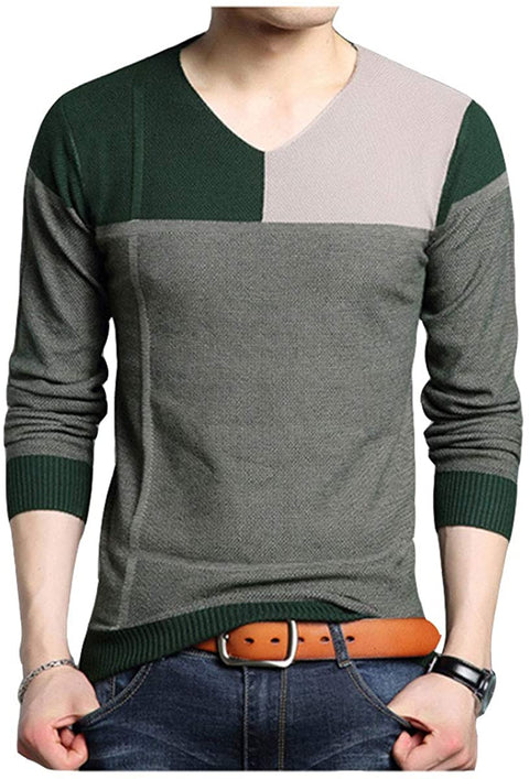 Men's Casual V Neck Pullover Sweater Classic Color Block Long Sleeve Knit Shirt
