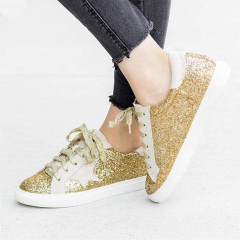 Womens Fashion Star Sneakers Lace Up Platform Glitter Low Top Comfort Walking Running Shoes