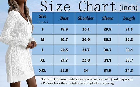Dyexces Womens Cable Knit Sweater Dress Long Sleeve V Neck Mini Knit Dresses Without Belt Loose Casual Sweaters
