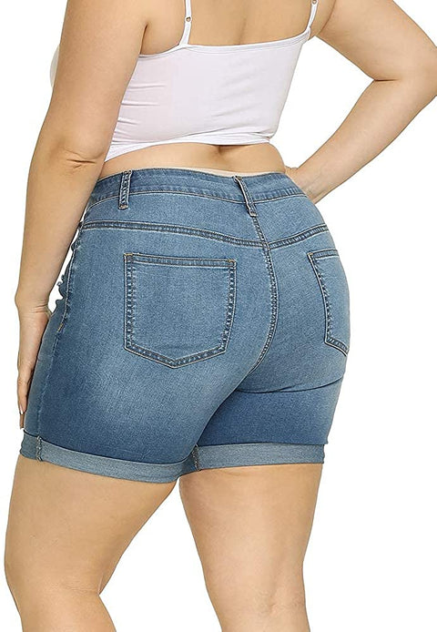 Plus Size Denim Shorts Women High Waisted Ripped Folded Hem Jean Shorts