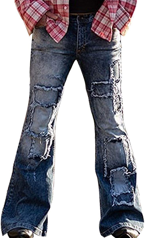 Men's Classic Patchwork Flared Jeans Fashion Elegant Wide Leg Denim Trousers