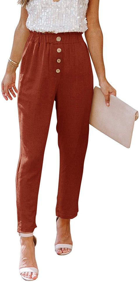 High Waisted Pants for Women Summer Beach Pants Cotton Linen Like Pull On Pants Ladies Paper Bag Pants Work Pants with Pockets Rust Red Medium