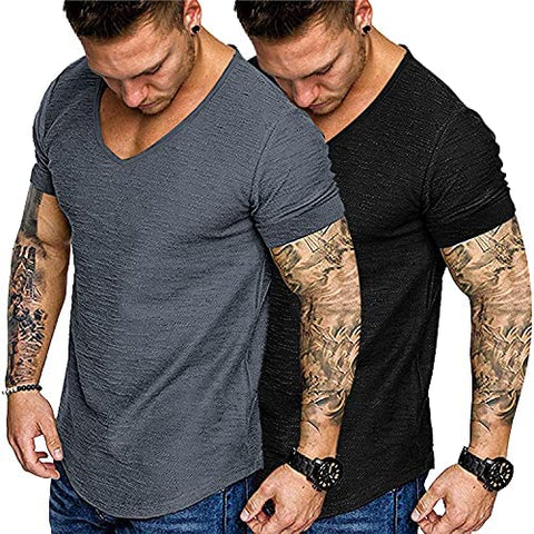 Mens 2 Pack Muscle V Neck T Shirt Fitted Gym Workout Short Sleeve Tee