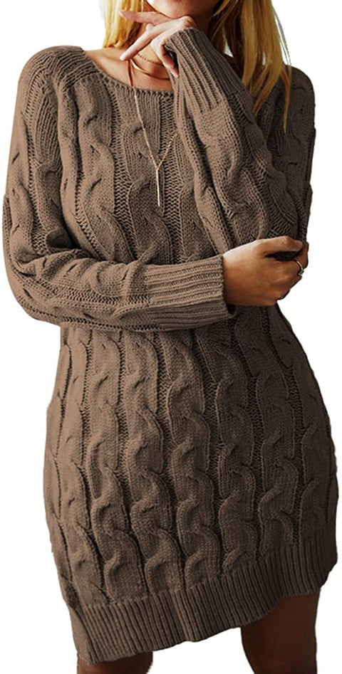 Dyexces Women's Slim Cable Knit Sweater Dress Casual Crew Neck Long Sleeve Warm Sweater Pullover Khaki