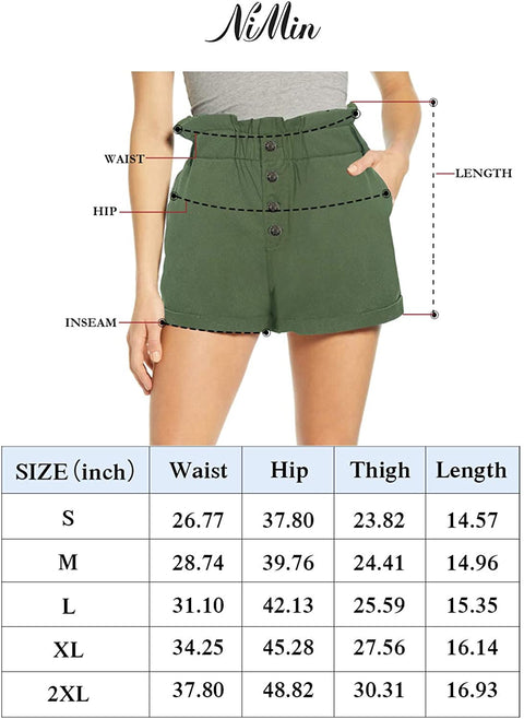 Women's 100% Cotton Teen Girls High Waist Front Buttons Summer Beach Rolled Casual Shorts with Pockets