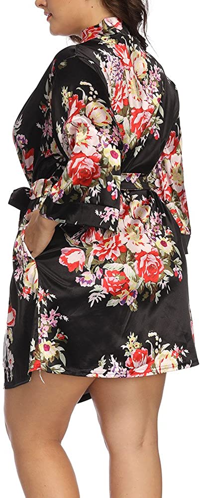 Plus Size Robes for Women Wrap Floral Print Satin Sleep Lounge Kimono Robe
