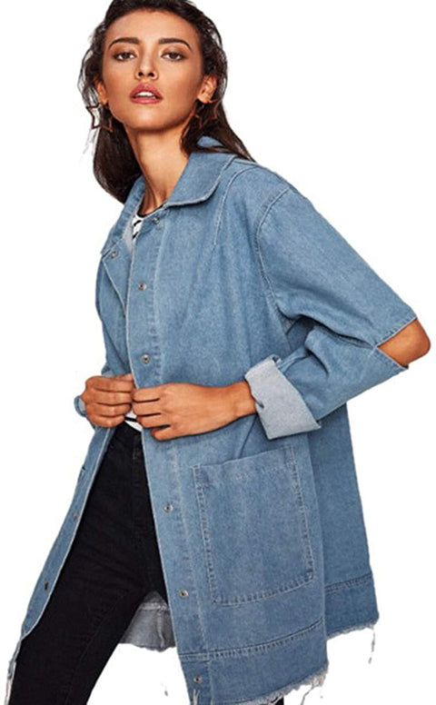 Womens Boyfriend Denim Washed Jacket Loose Jean Jacket Coats with Long Sleeves