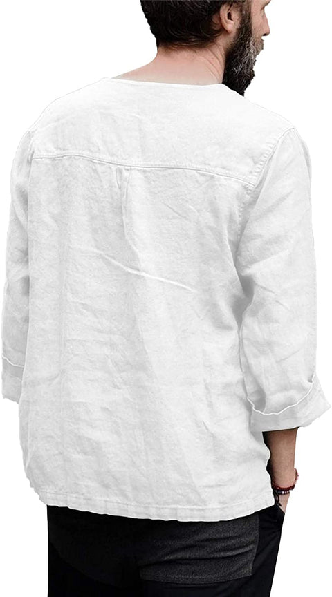 Men's Cotton Linen Henley Shirt Long Sleeve Drawstring Casual V Neck Lace-Up Plain Tops
