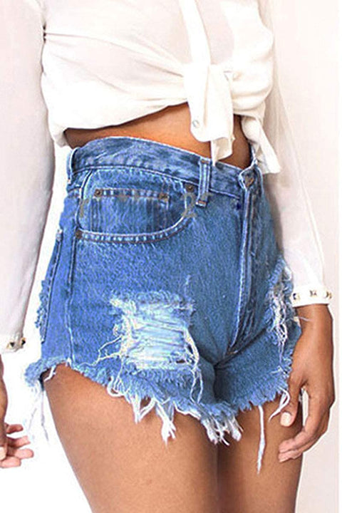 Women's High Waist Ripped Frayed Hem Casual Solid Denim Shorts