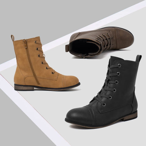 Katliu Women's Combat Boots Lace up Military Ankle Boots Side Zipper Round Toe Booties