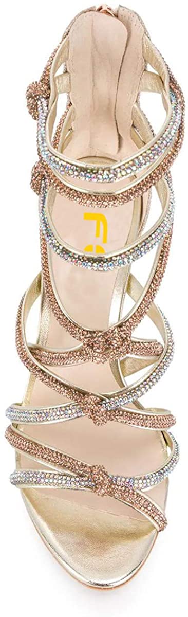 FSJ Women High Heels Strappy Ankle Straps Sandals Open Toe Back Zip Rhinestones Glitter Pumps Shoes Size 4-15 US