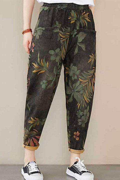 Women's Summer Oversized Retro Floral Printed Washed Literature Harlan Denim Jeans
