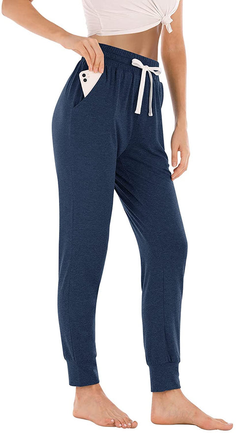 Yoga Pants with Pockets for Women Drawstring High Waisted Pants Loose Workout Joggers Pants Navy Blue 2X-Large