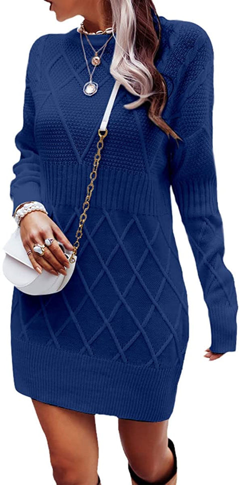 Womens Sweater Dress Long Sleeve Diamond Knit Pullover Sexy Slim Fit Crewneck Mini Dress