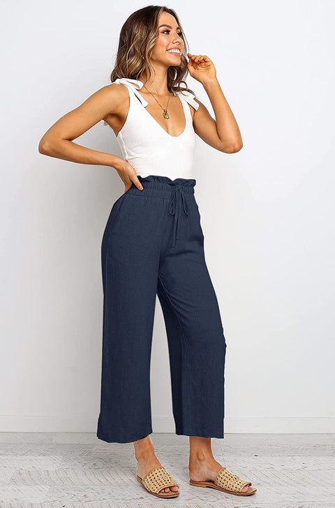 Womens Linen Pants High Waisted Wide Leg Drawstring Casual Loose Trousers with Pockets