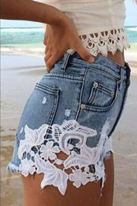 Women's Lace Spliced Ripped Frayed Hem Casual Solid Mid Waisted Denim Shorts