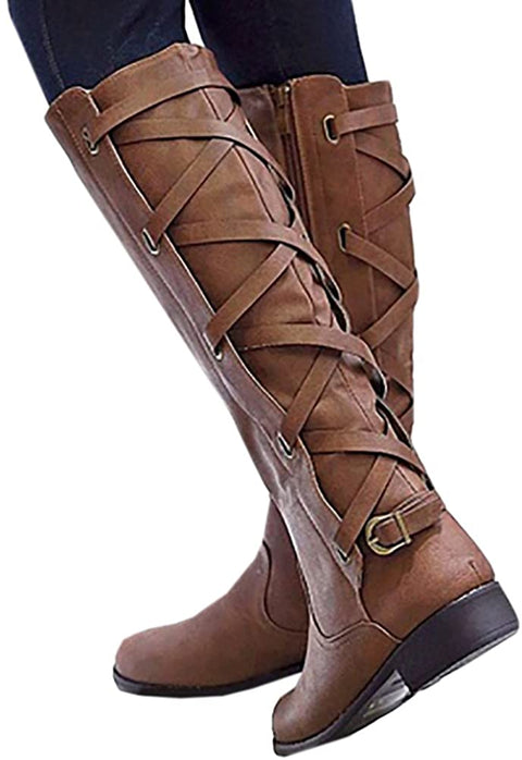 Ruanyu Womens Winter Knee High Boots Riding Strappy Lace Up Low Heel Combat Boots Brown