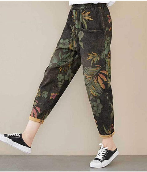Women's Summer Oversized Retro Floral Printed Washed Literature Harlan Denim Jeans