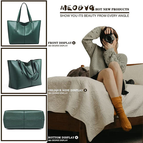 Meobvg Tote Handbags for Women Large PU Leather Bucket Purses Soft Waterproof Shoulder with Zippers Work Daily Bag