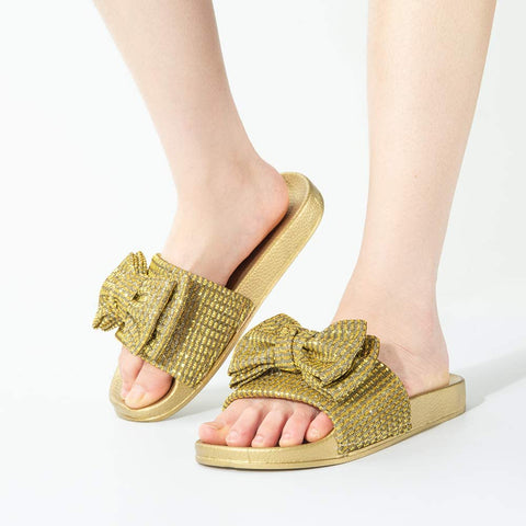 Comfort Flat Sandals for Women Cute Glitter Bow Casual Beach Slip On Dress Shoes Fashion Platform Footbed Slide Slippers Open Toe