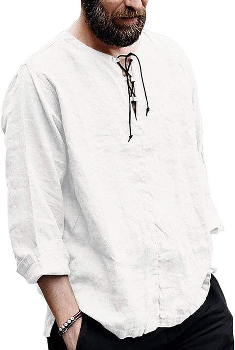 Men's Cotton Linen Henley Shirt Long Sleeve Drawstring Casual V Neck Lace-Up Plain Tops