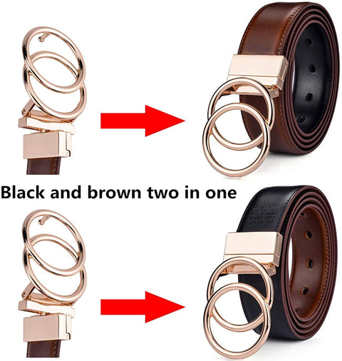 Beltox Women Belt Leather 1.3” Reversible 2 in 1 Rotated 2 Rings Gold Buckle