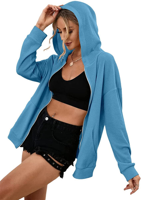 Zip Up Hoodie Women Long Sleeve Waffle Fall Oversized Sweatshirts Casual Hoodies Jacket with Pocket