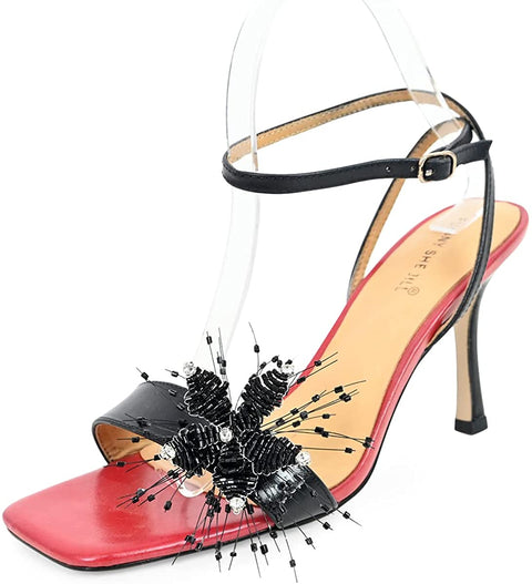 FSJ Women High Heels Sandals Stiletto Ankle Strap Open Square Toe Special Dress Evening Unique Flowers Shoes Size 4-15 US