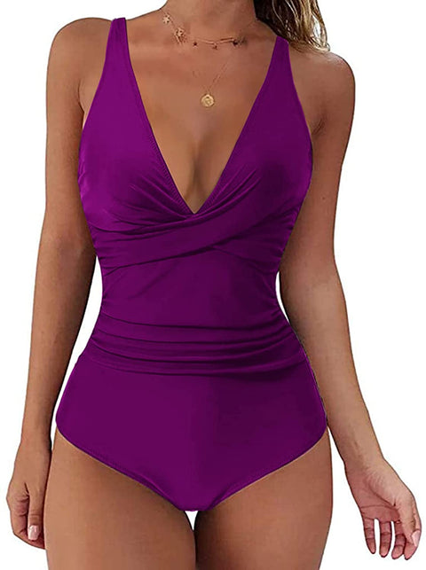 Zwurew Women One Piece V Neck Print Swimwear Swimsuit Solid Bodysuit Monokini Bather Bathing Beachwear