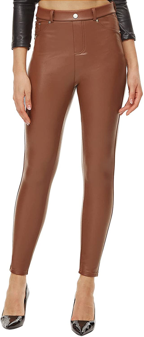 Ginasy Brown Leather Pants for Women Stretchy Dressy Pleather Leggings for Tummy Control