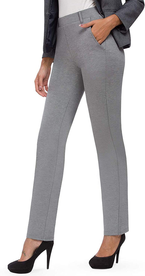 Women’s Bootcut Pull-On Dress Pants Office Business Casual Yoga Work Pants with Key Pocket Straight Leg, Pocket-Grey Large