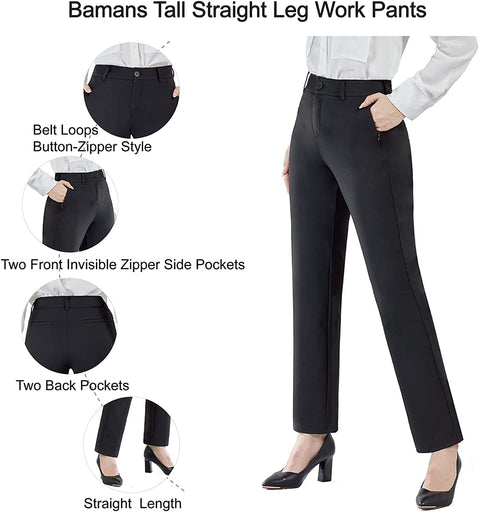 Womens Dress Pants Straight Leg Stretch Work Pants Casual Yoga Pants with Zipper Pockets