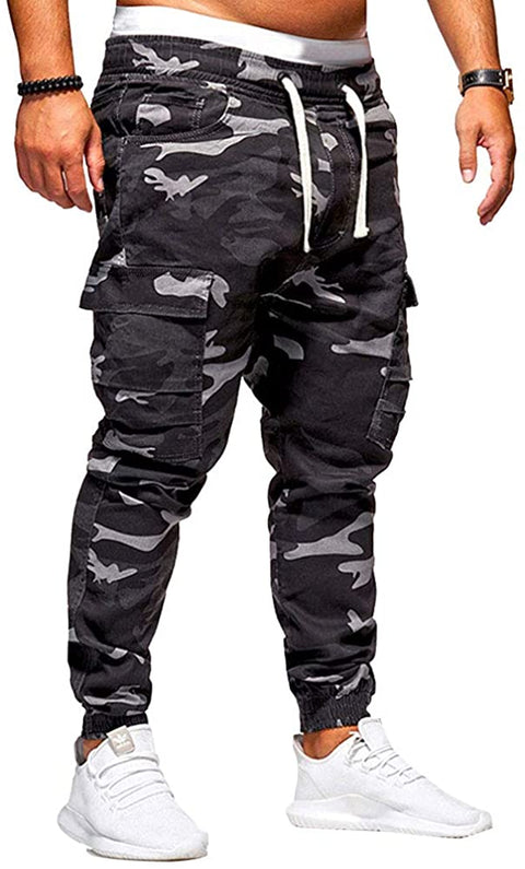 Men's Casual Camo Printed Chino Drawstring Elastic Waist Harem Outdoor Jogger Pants