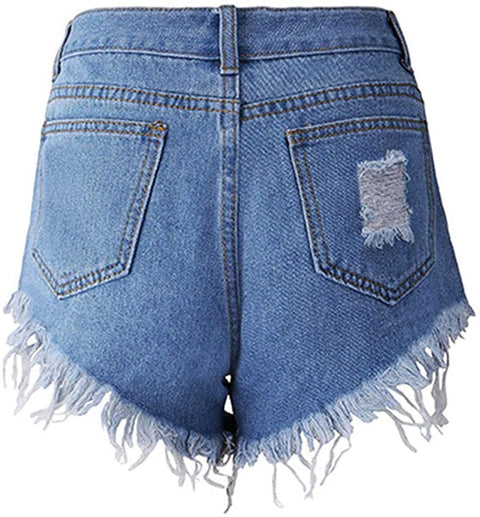 Women's High Waist Ripped Frayed Hem Casual Solid Denim Shorts