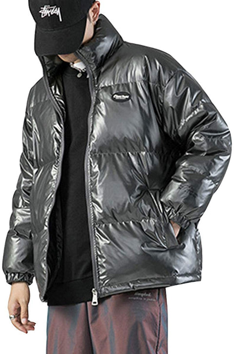 Men's Winter Thick Quilted Outdoor Coat Fashion Stand Collar Metallic Jacket