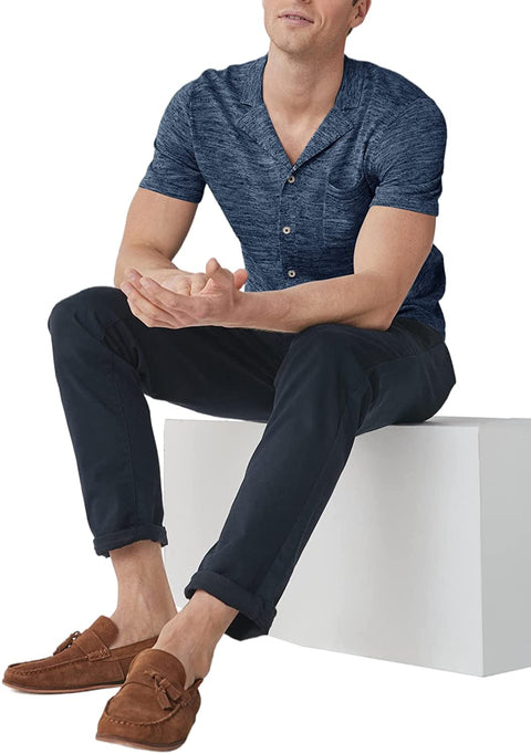 Mens Button Down Shirts Knitted Short Sleeve Casual Lapel V Neck Loose Fit Lightweight Tops with Chest Pocket