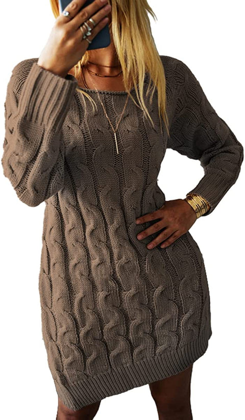 Dyexces Women's Slim Cable Knit Sweater Dress Casual Crew Neck Long Sleeve Warm Sweater Pullover Khaki