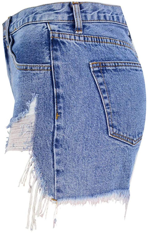Women's Irregular Frayed Hem Casual High Waisted Solid Denim Shorts