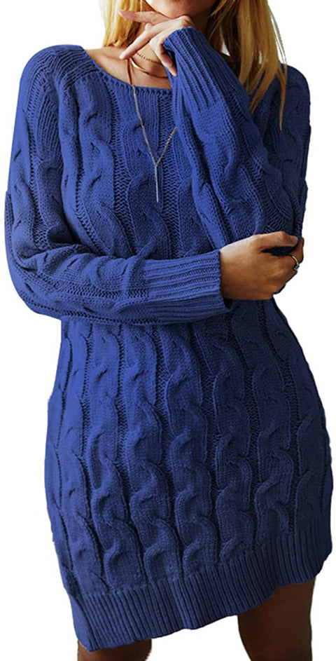 Sweater Dress for Women Long Sleeve Cable Knit Casual Crew Neck Mini Dress Warm Chunky Sweater Pullover